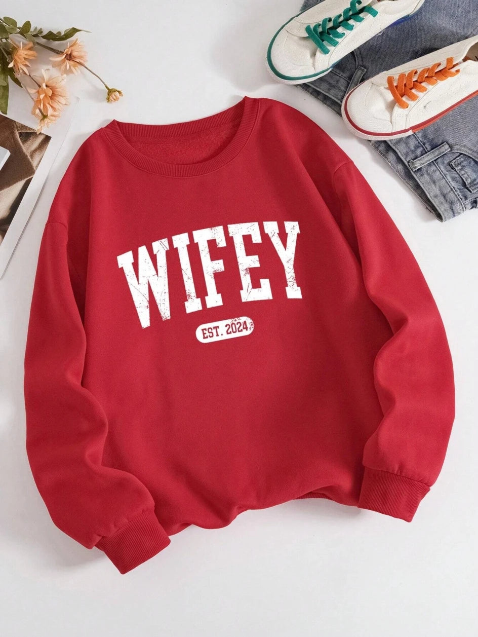 Street Casual Women Pullover Wifey EST.2024 Letter Printing Sweatshirt Warm Soft Hoodies Loose Crewneck Fleece Female Clothing Street Casual Women Pullover Wifey EST.2024 Letter Printing Sweatshirt Warm Soft Hoodies Loose Crewneck Fleece Female Clothing